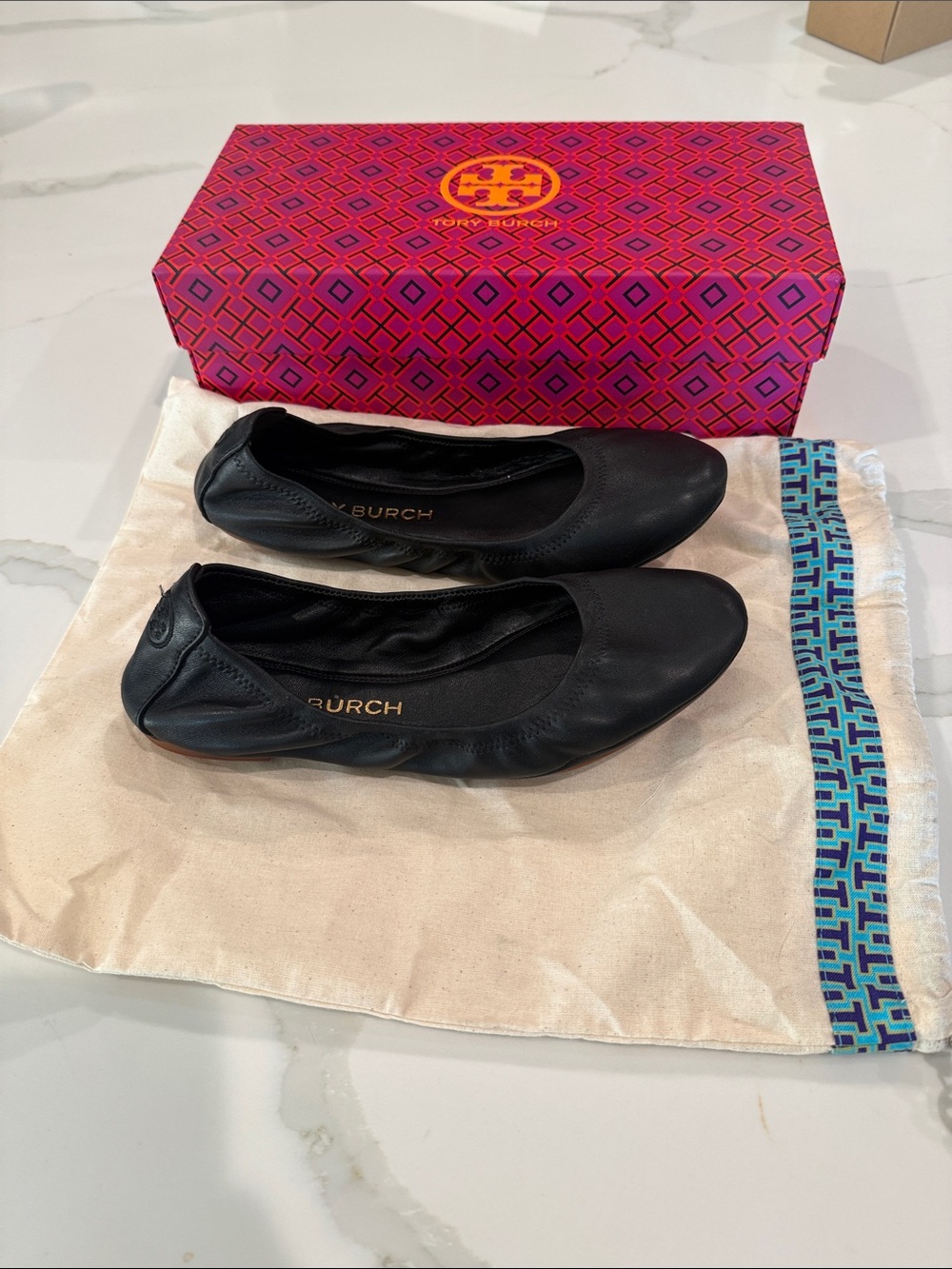 Tory Burch Eddie Black Napa Leather Ballet Flats